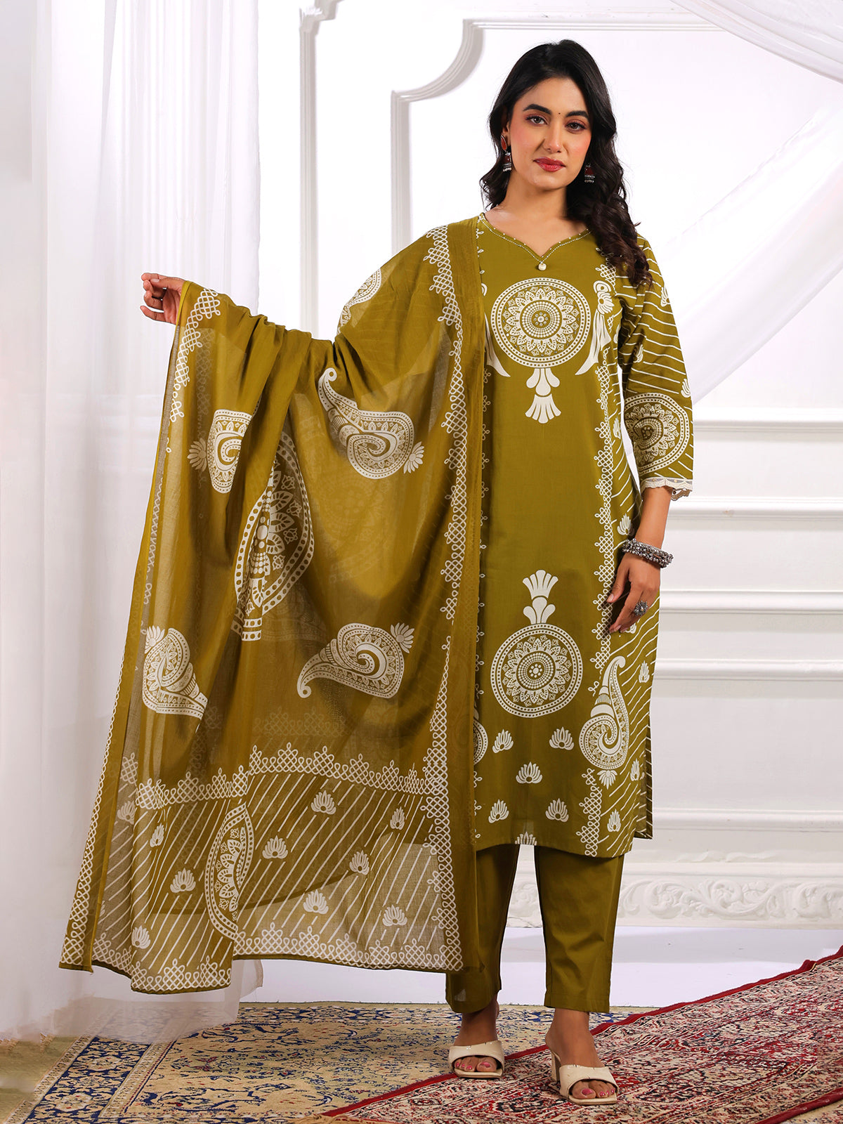 Mehendi green cotton silk printed kurti set for women