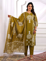 Mehendi green cotton silk printed kurti set for women
