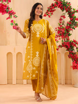 Yellow printed straight cut kurti set