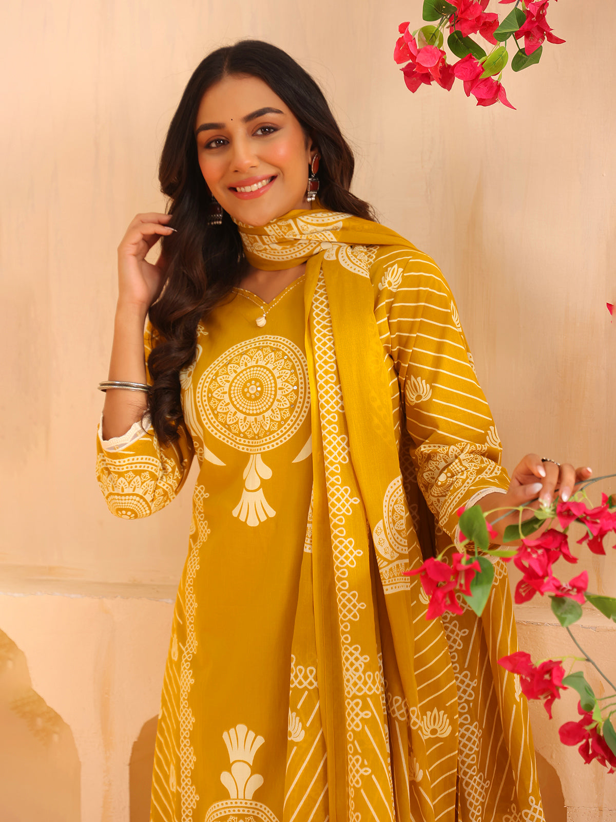 Yellow printed straight cut kurti set