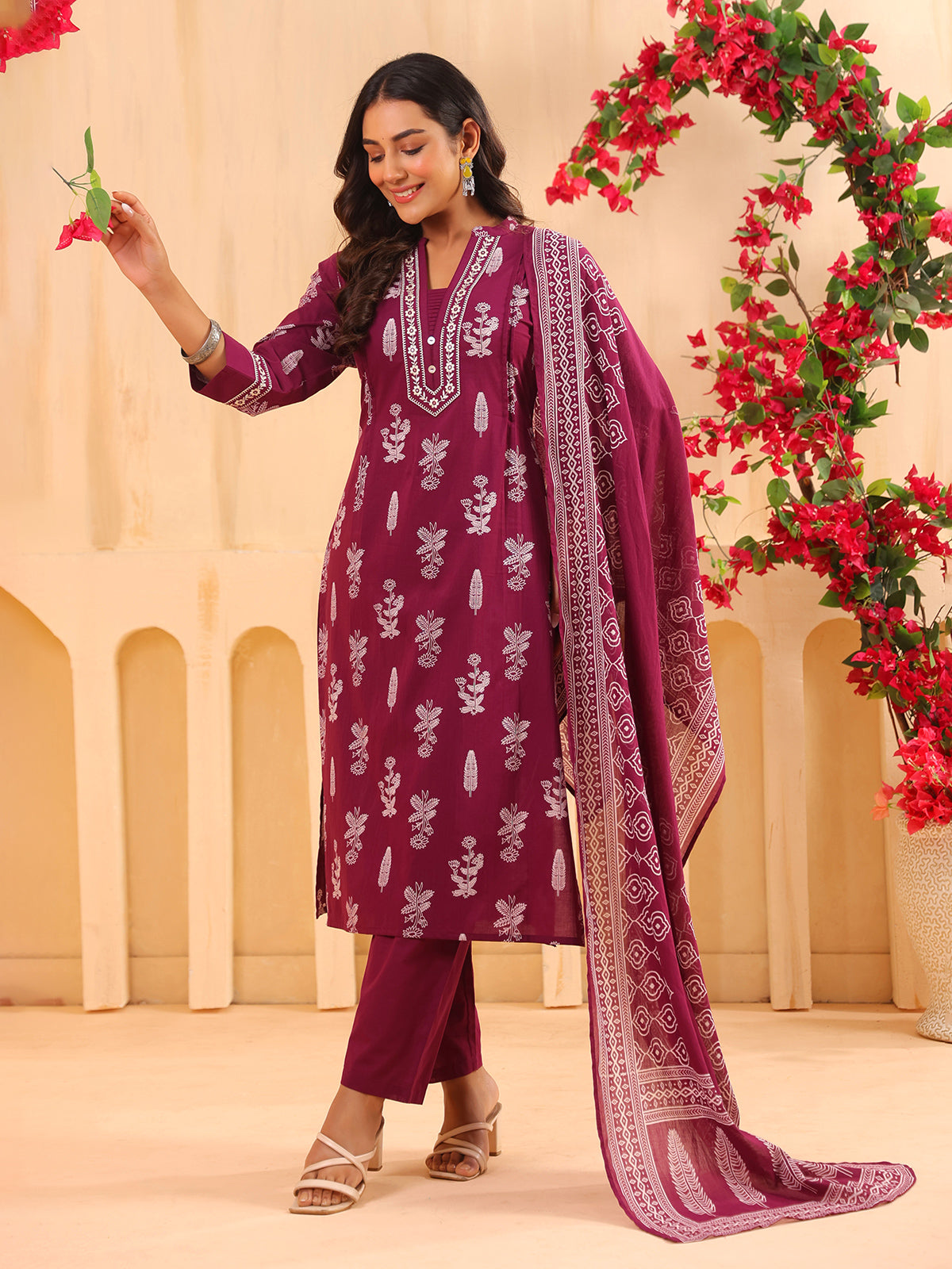 Wine printed cotton kurti set with printed dupatta