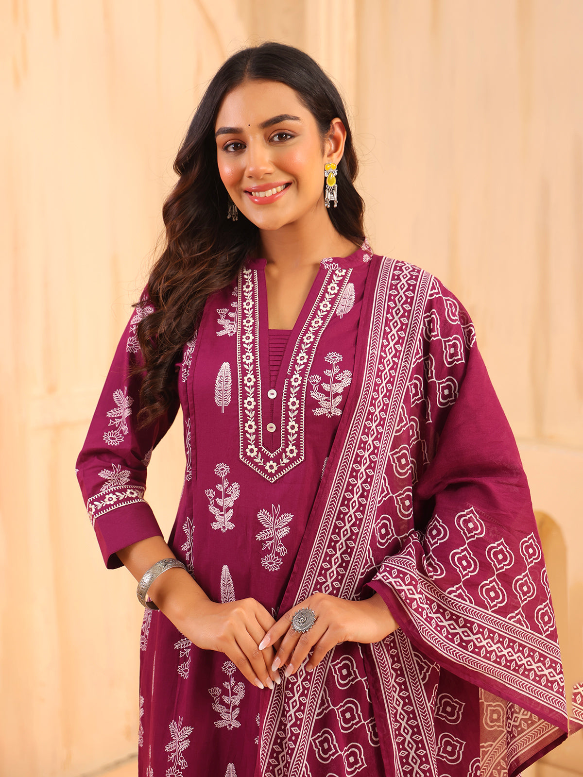Wine printed cotton kurti set with printed dupatta