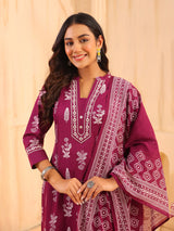 Wine printed cotton kurti set with printed dupatta