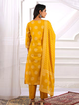 Yellow printed straight cut cotton silk kurti set