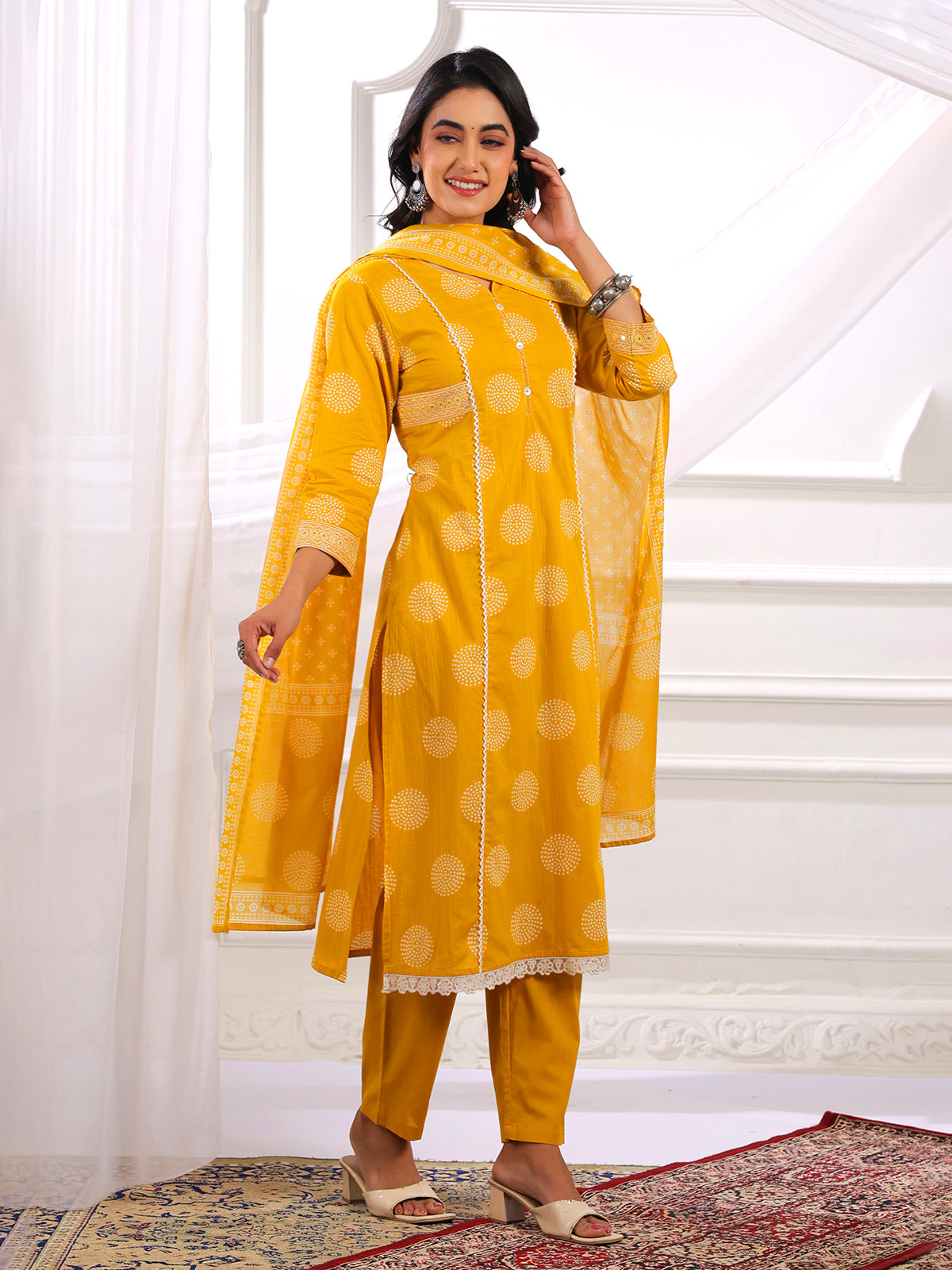Yellow printed straight cut cotton silk kurti set