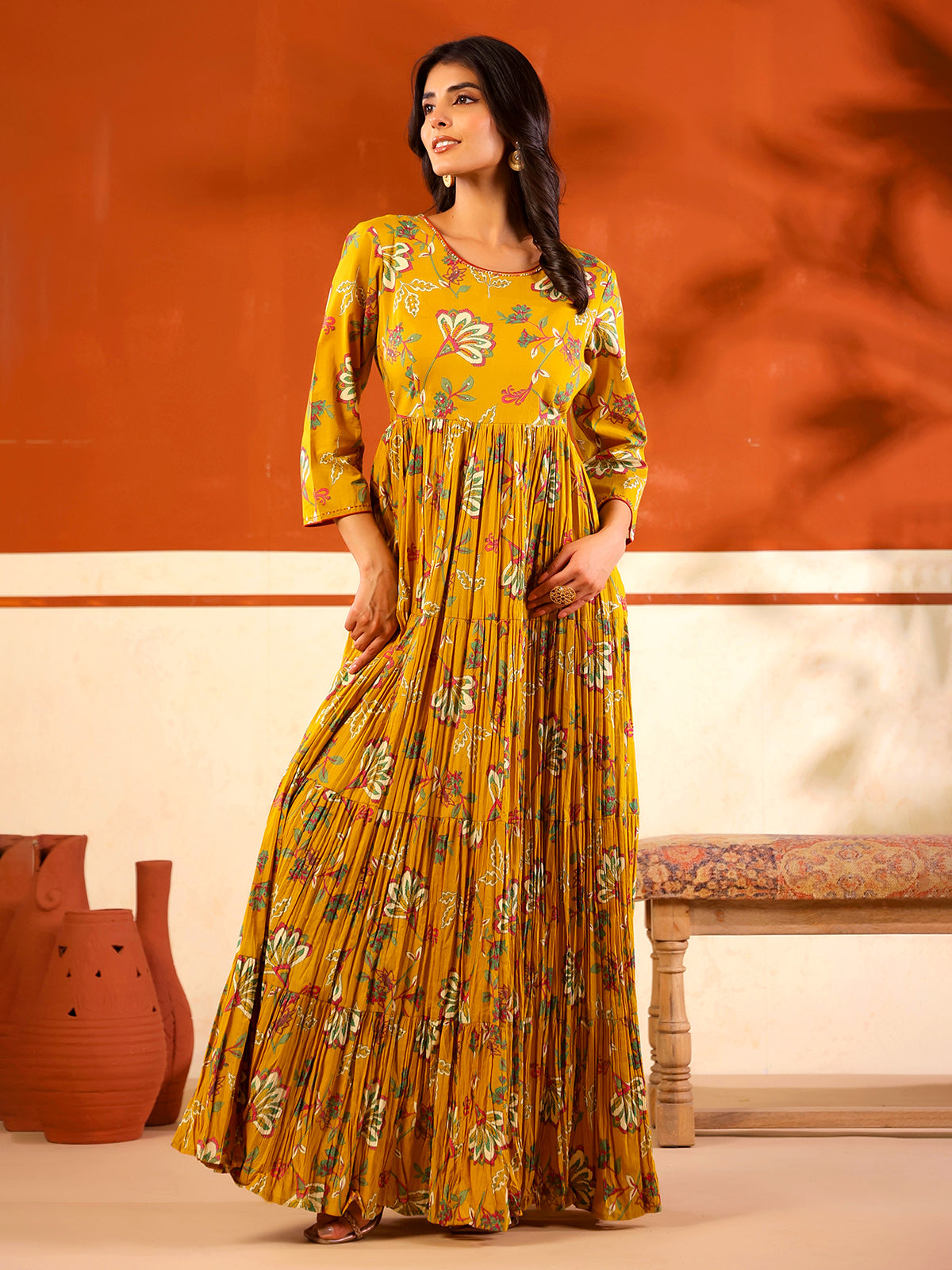 Mustard yellow cotton printed floor length kurti