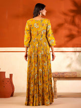 Mustard yellow cotton printed floor length kurti