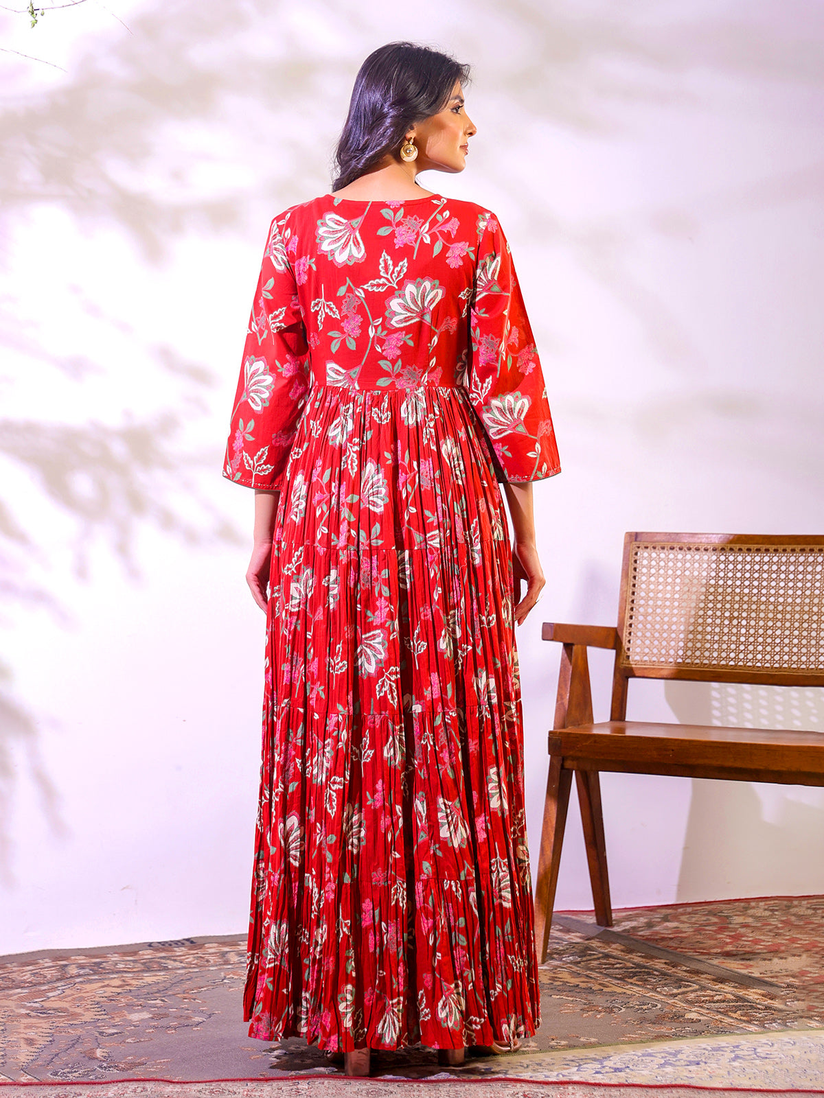 Red cotton floral printed floor length kurti