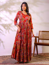 Red festive wear cotton floor length kurti