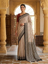 Beige printed muslin saree