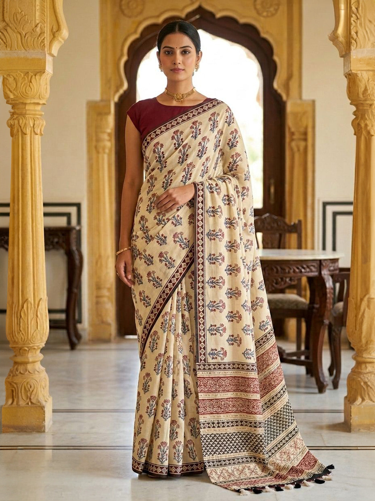 Beige muslin saree with ethnic print