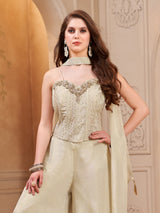 Cream silk embellished sweetheart neckline palazzo suit