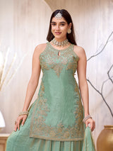 Mint green chinon silk punjabi style palazzo suit