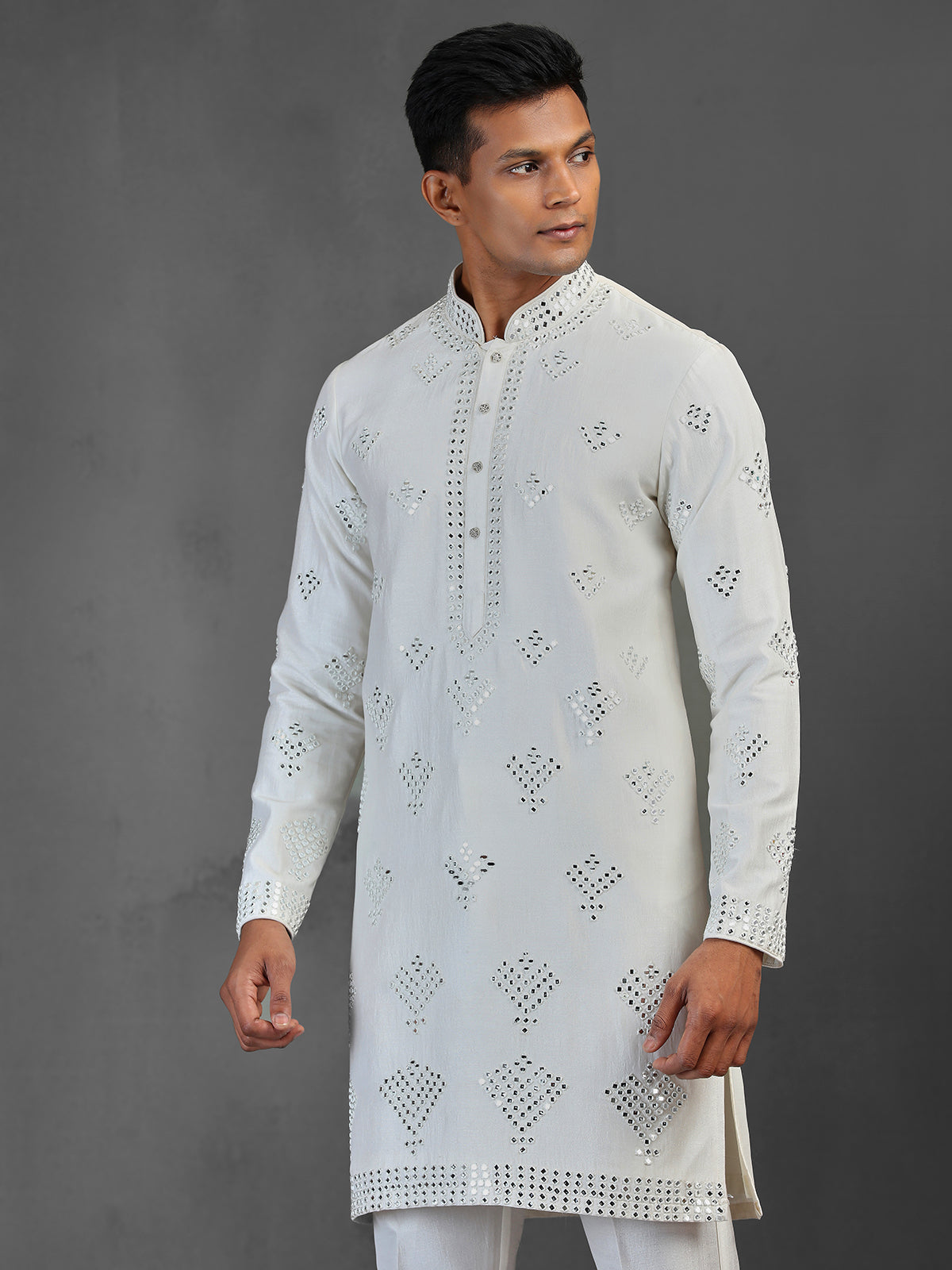 White silk wedding wear kurta suit with mirror work