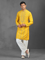 Yellow mirror worked art silk kurta suit for men