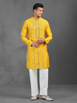 Yellow mirror worked art silk kurta suit for men
