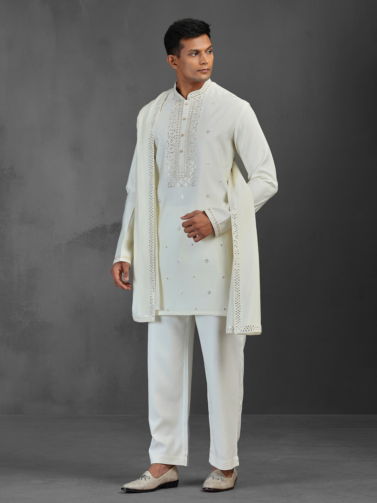 Cream reception wear art silk kurta suit with dupatta
