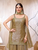 Dark beige chinon silk punjabi style palazzo suit for festive