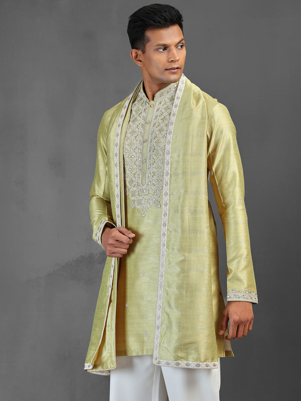Pista green wedding wear silk kurta suit with dupatta