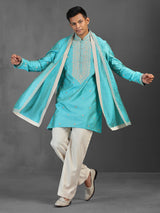 Firozi blue wedding wear art silk kurta suit with dupatta