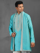 Firozi blue wedding wear art silk kurta suit with dupatta