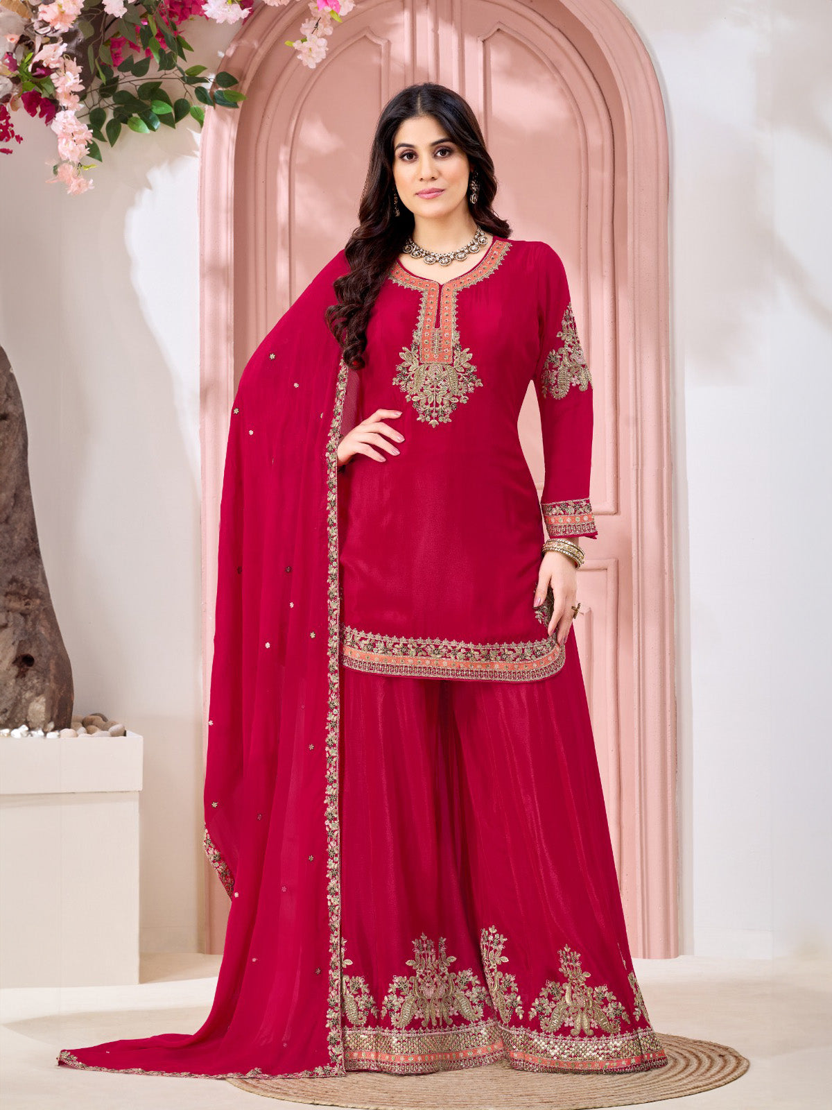 Magenta silk pakistani style embellished palazzo festive suit