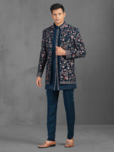 Teal green wedding wear indowestern suit with embroidery