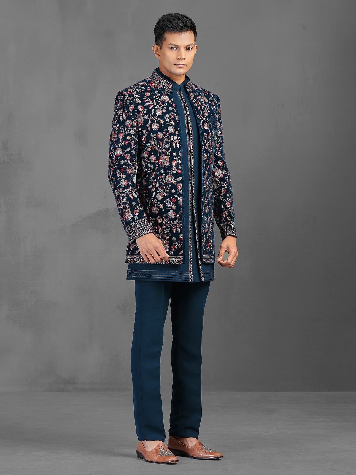 Teal green wedding wear indowestern suit with embroidery
