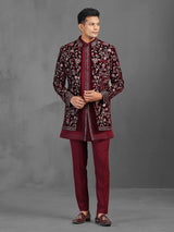 Maroon embroidery worked indowestern set for wedding