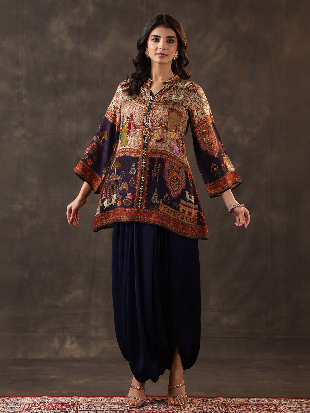 Navy crepe silk printed dhoti style festive suit