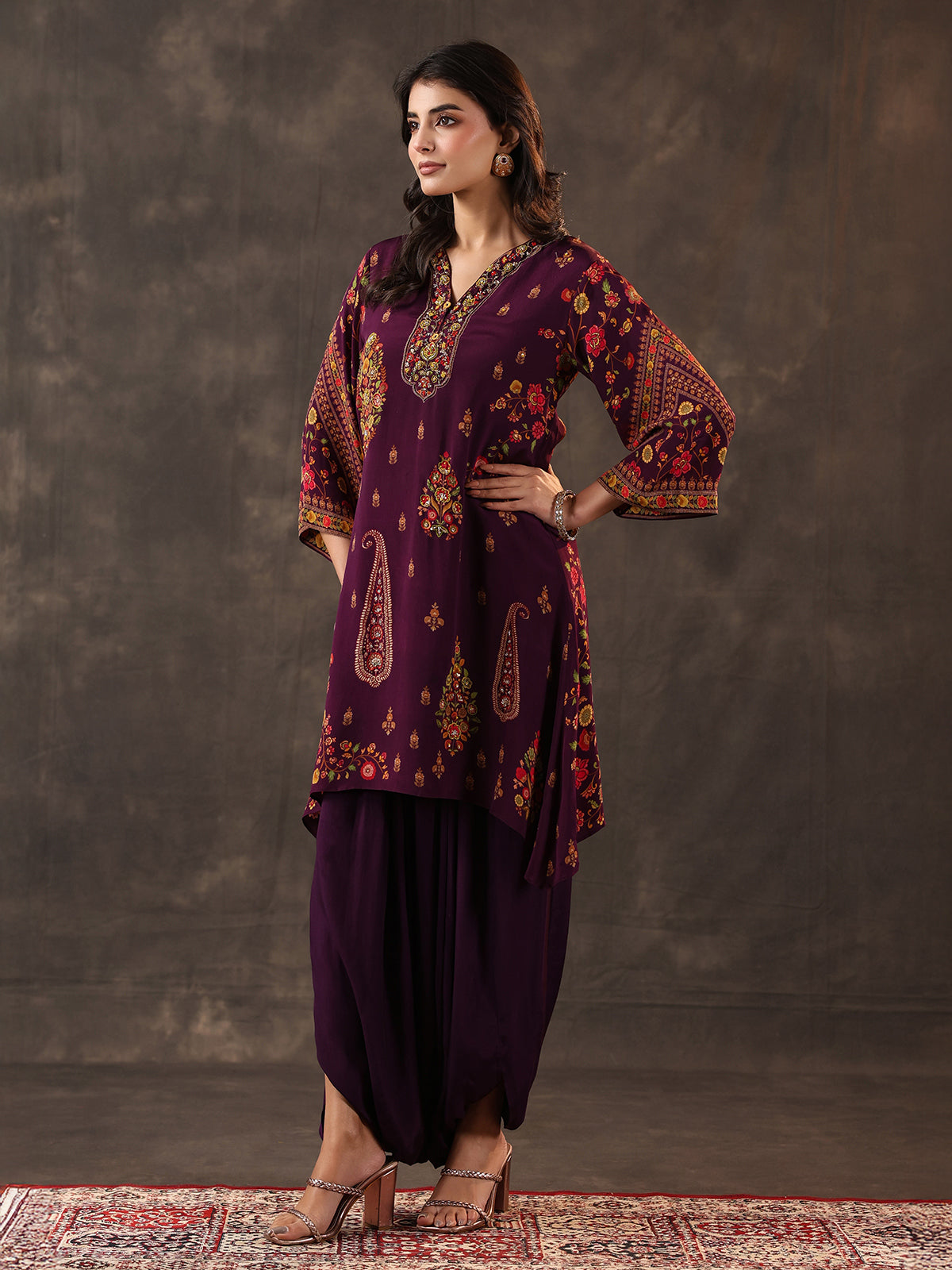 Purple crepe silk zardosi designer dhoti suit