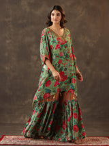 Pista green silk kaftan style designer sharara suit