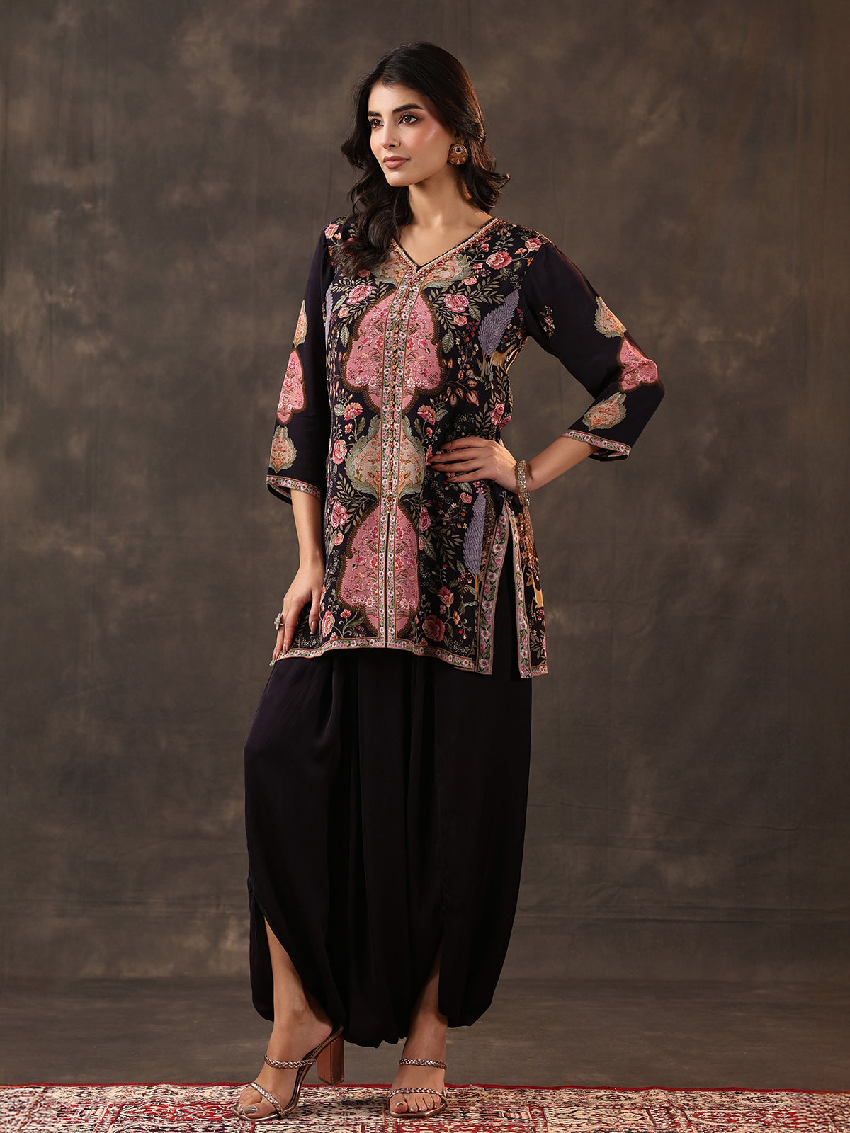 Black crepe silk printed designer dhoti suit