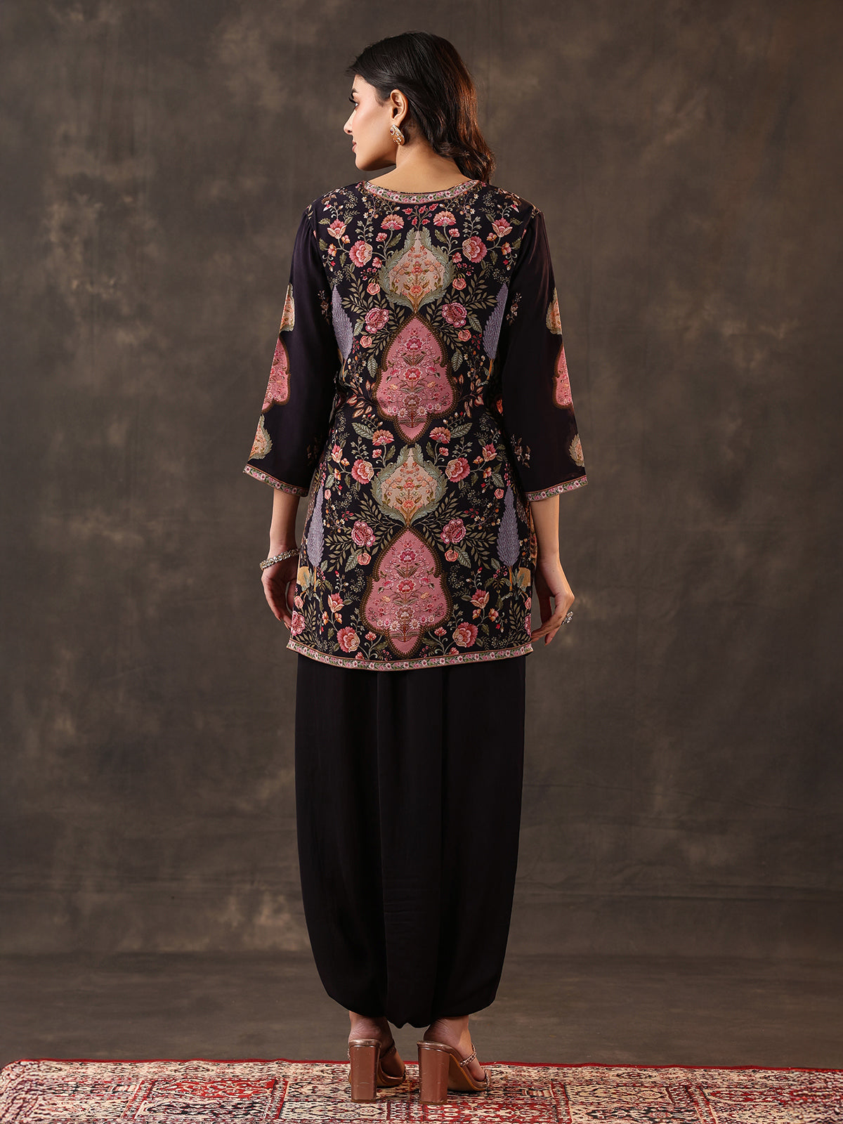 Black crepe silk printed designer dhoti suit