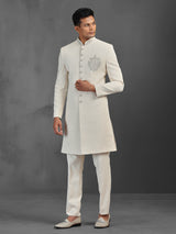 Off white textured silk indowestern suit for wedding