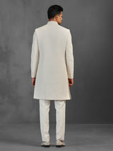 Off white textured silk indowestern suit for wedding