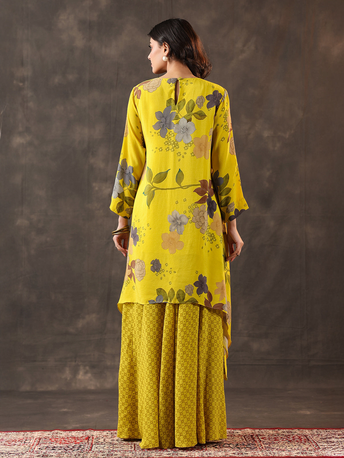 Yellow silk floral kaftan style palazzo suit