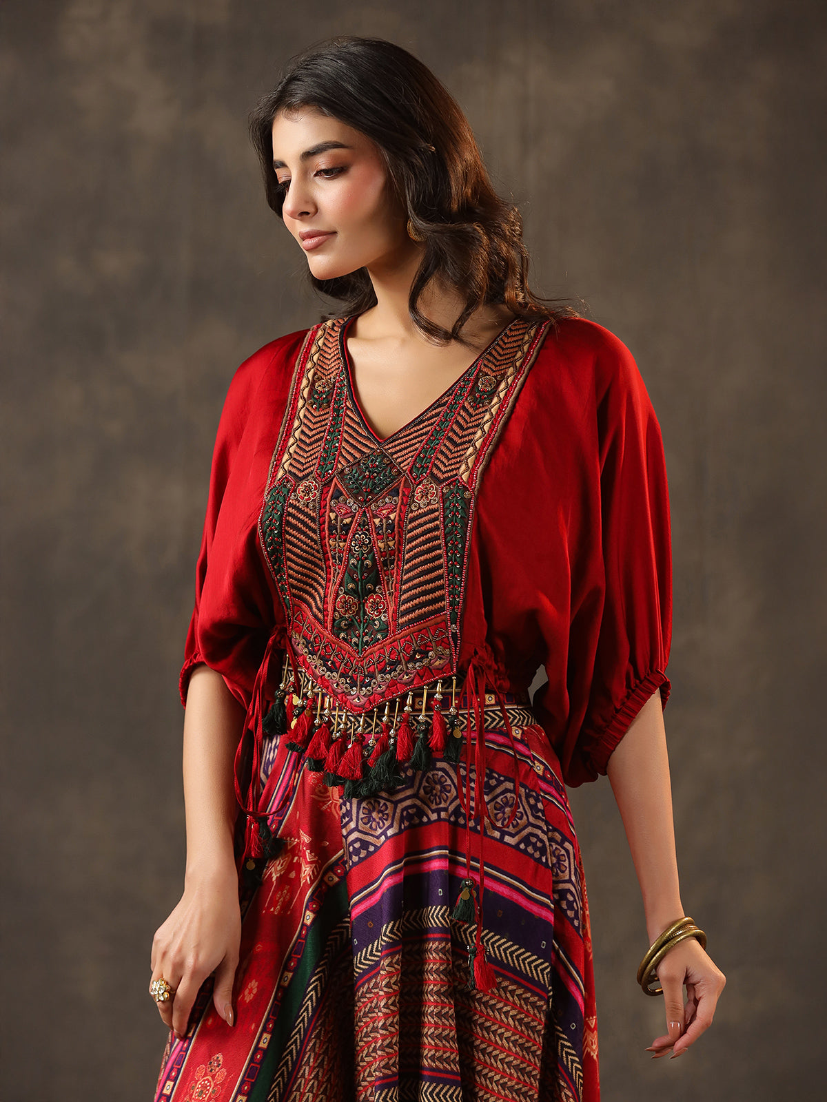 Red crepe silk embellished designer palazzo suit