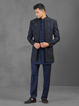 Navy cutdana worked indowestern suit in terry rayon