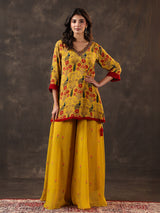 Yellow silk printed cutdana festive palazzo suit