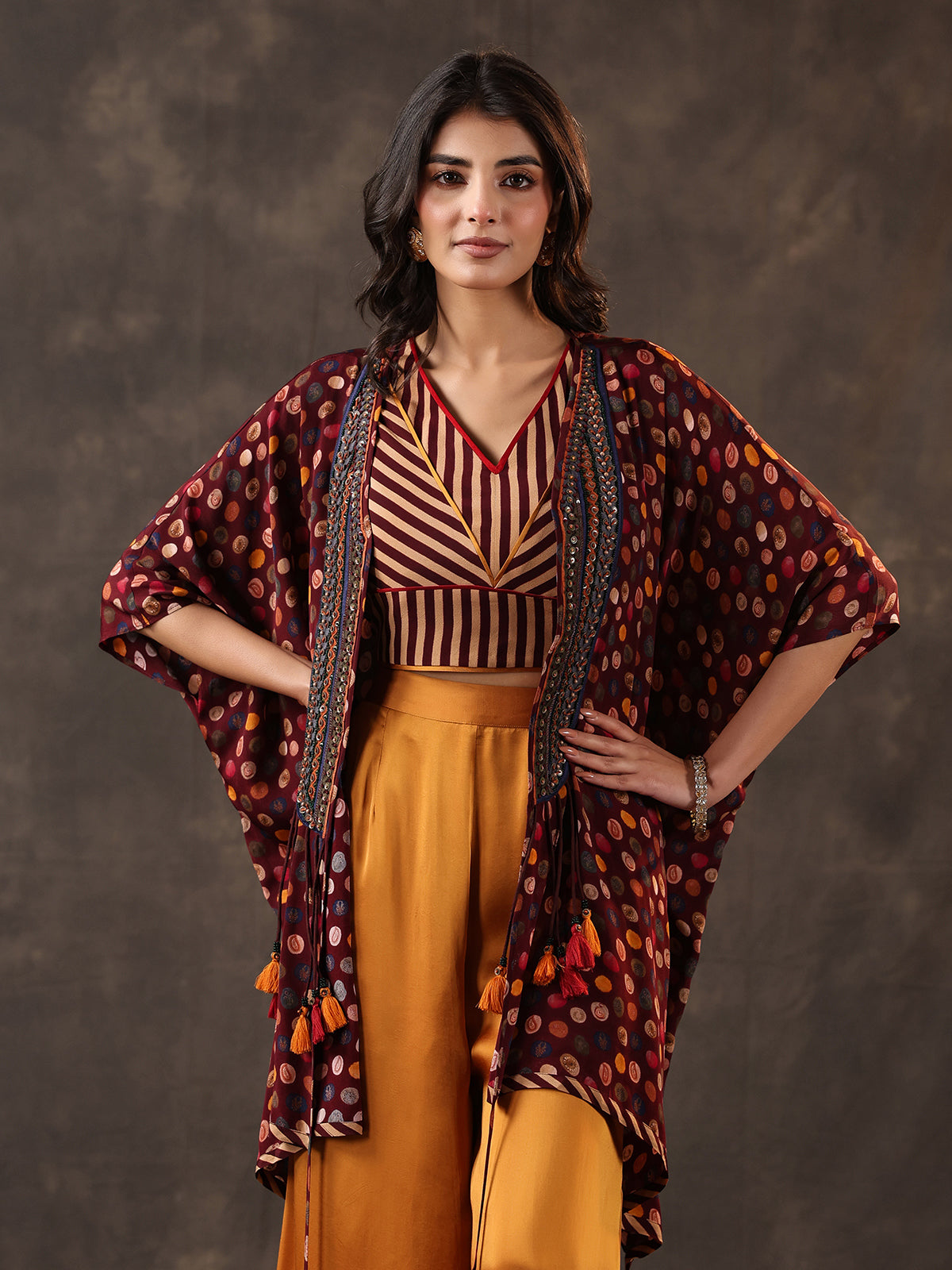 Wine yellow crepe silk jacket style palazzo suit