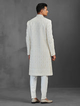 Beige silk sherwani with thread work