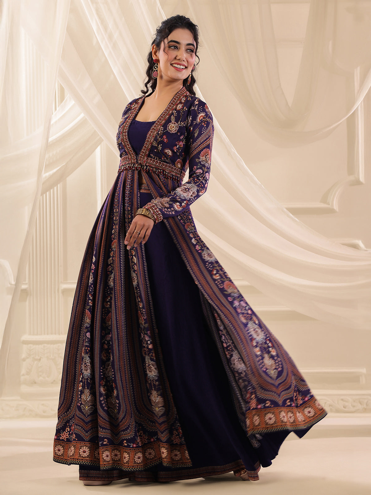 Purple silk anarkali style designer palazzo suit