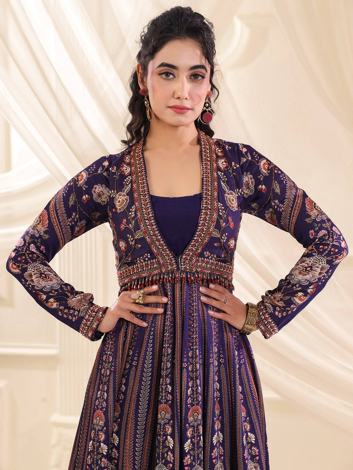Purple silk anarkali style designer palazzo suit