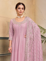 Pink chiffon silk embroidered work anarkali suit