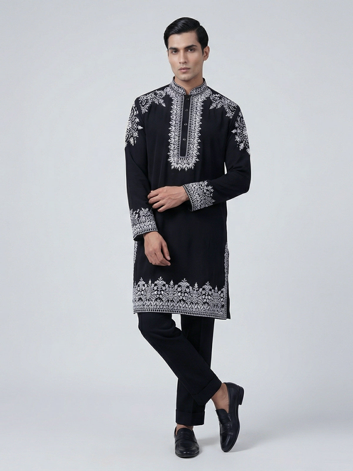 Black silk embroidered festive kurta suit
