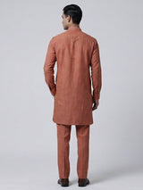 Dark peach linen kurta suit with brotch
