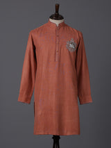 Dark peach linen kurta suit with brotch