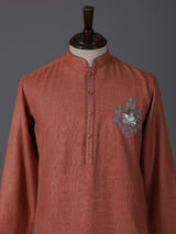 Dark peach linen kurta suit with brotch