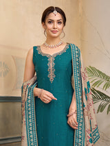 Peacock green silk sleeveless embellished festive salwar suit